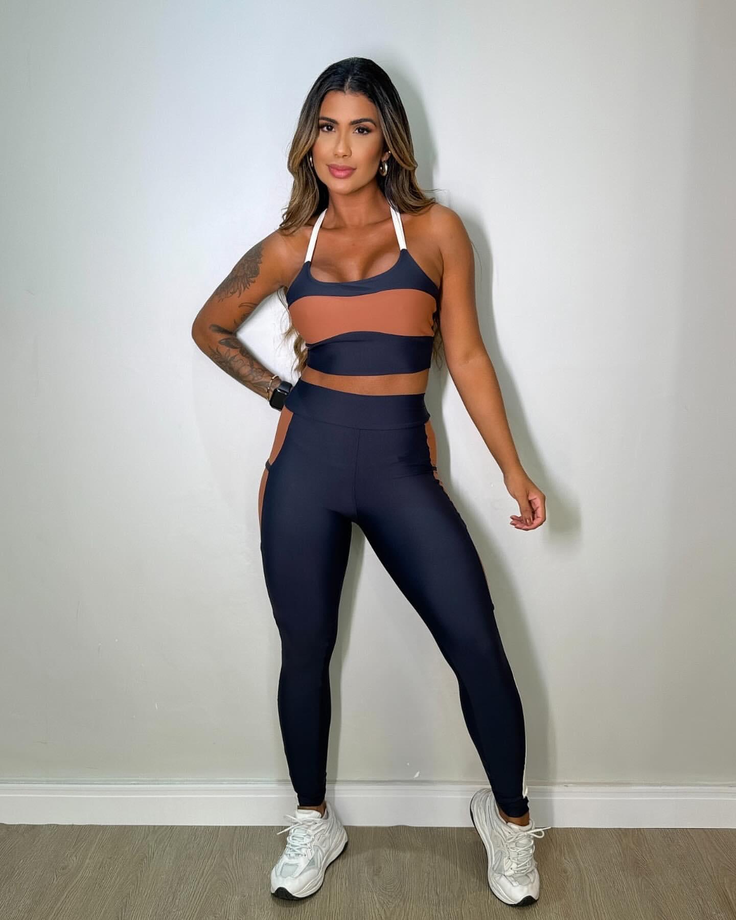 Conjunto Preto/Bege Bicolor + Legging com Bolso